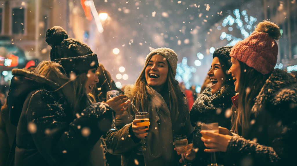 Group of friends celebrating New Year's eve and laughing