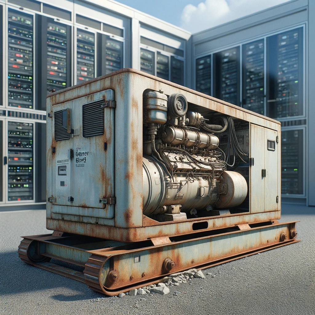 Old decayed diesel backup generator for datacenter illustration Old decayed diesel backup generator for datacenter illustration
