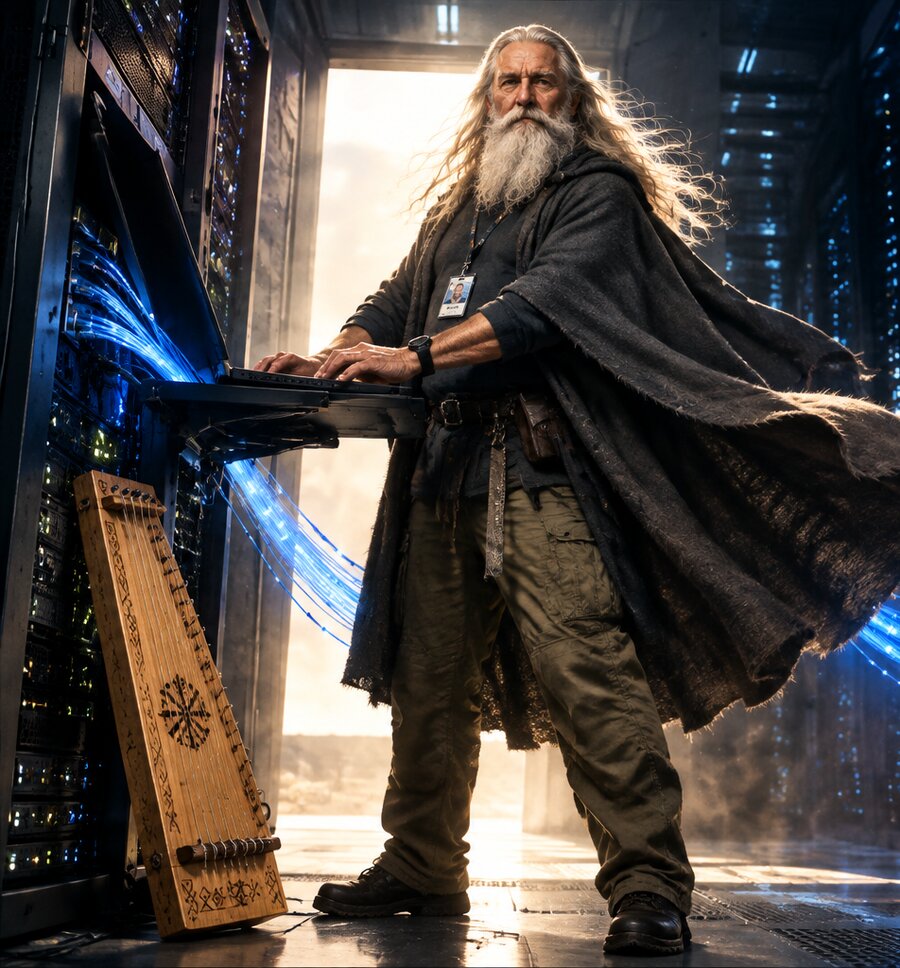 Väinämöinen at a server console in the datacenter, his kantele resting against the rack