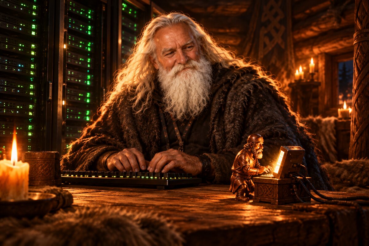 Väinämöinen smiling beside server racks while a thumb-high copper man types at a small glowing terminal on the table