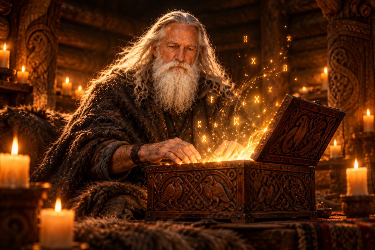 Väinämöinen in a candle-lit log hall opening a carved wooden song-box, light rising from it