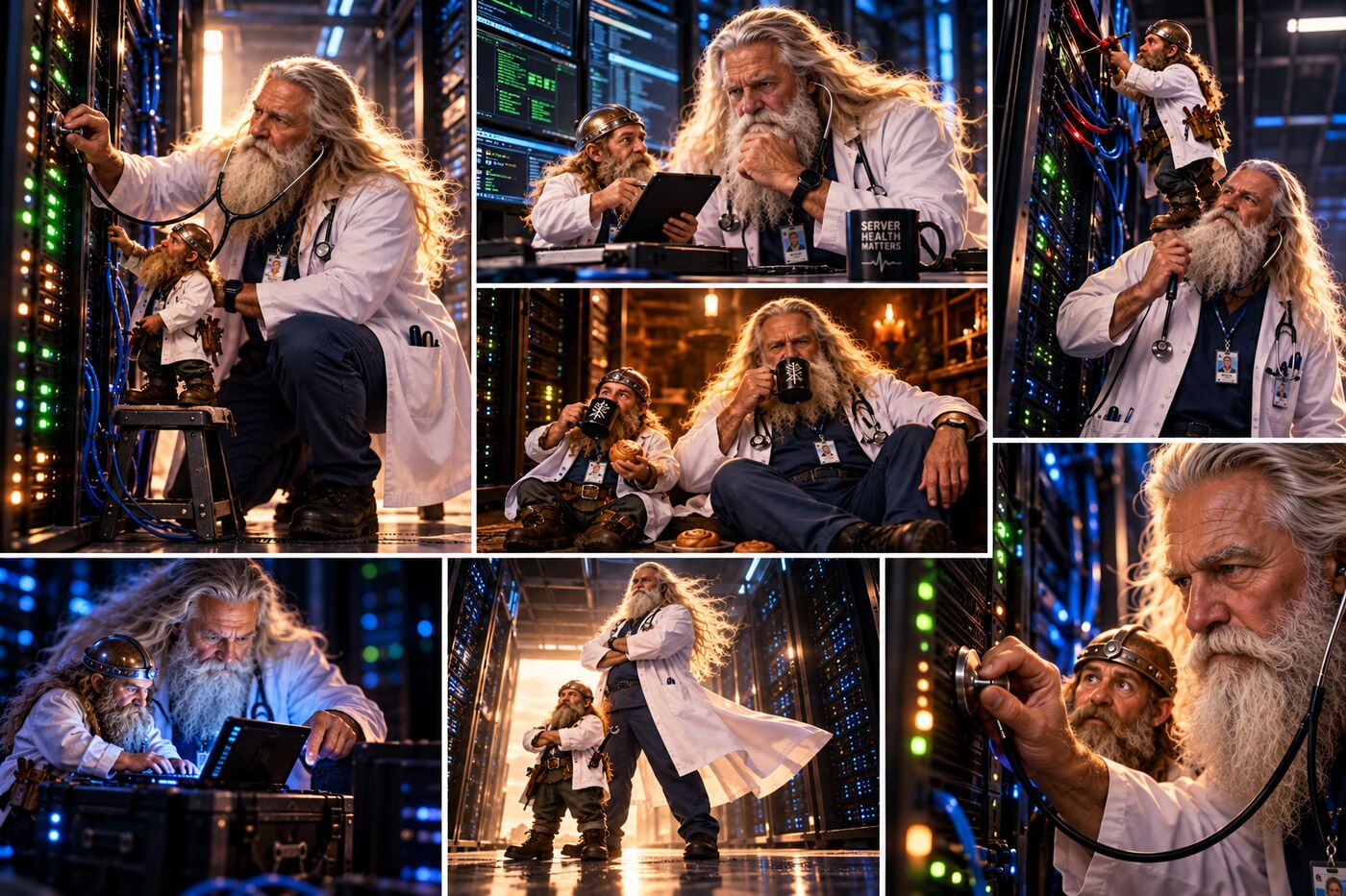Pikkumies and Väinämöinen looking after a server rack as doctors, seven panels of community art