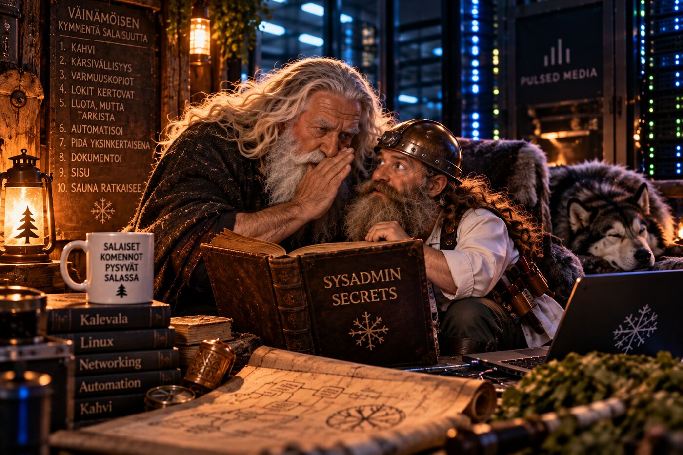 Community art: Väinämöinen whispers his sysadmin secrets to Pikkumies; the fourth secret on the board is "the logs will tell"