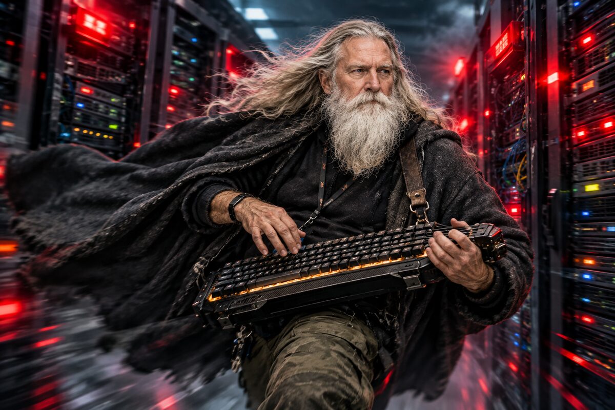 Väinämöinen running down a server aisle with a keyboard in his hands