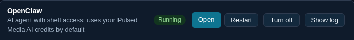 The OpenClaw row in Configure, Apps, showing Running with Open, Restart, Turn off and Show log buttons