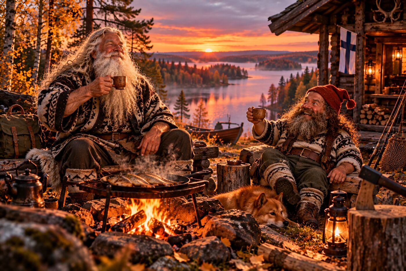 Community art: Väinämöinen and Pikkumies at a lakeside campfire at sunset, raising their coffee cups