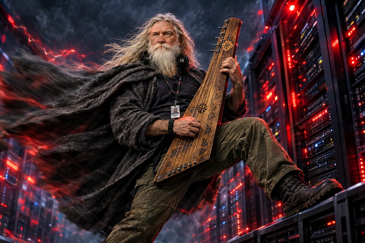 Väinämöinen standing steadfast in a storm, kantele in hand