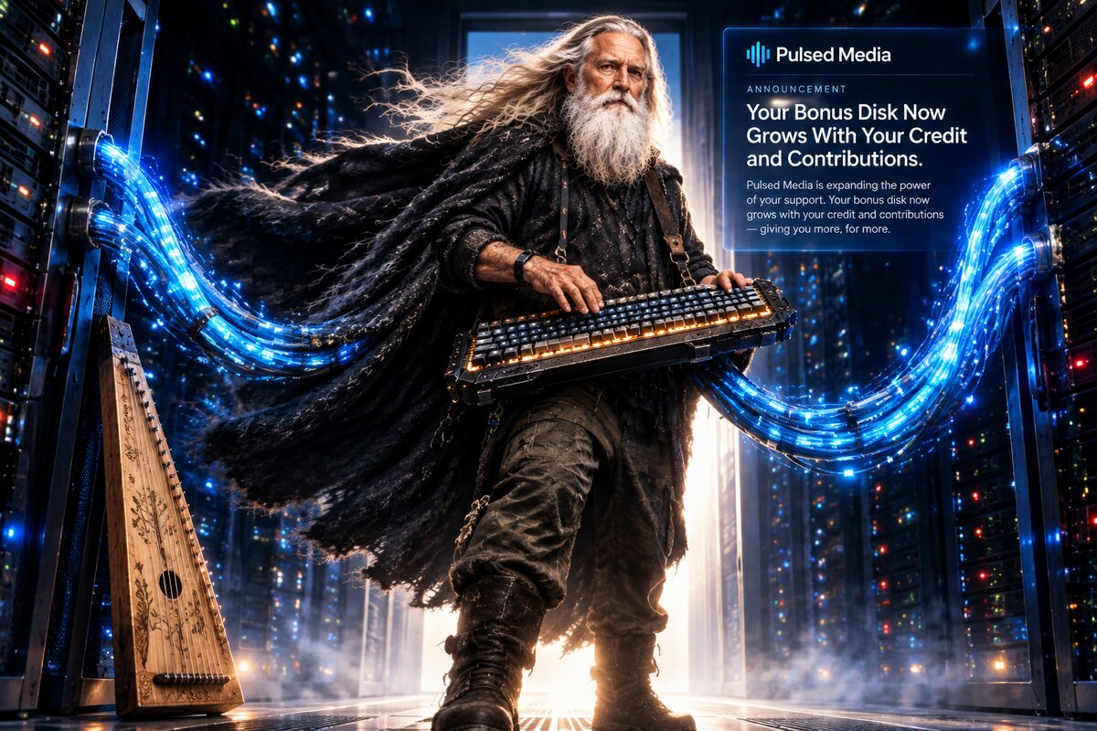 Väinämöinen in the server hall with a glowing keyboard and his kantele: your bonus disk now grows with your credit and contributions