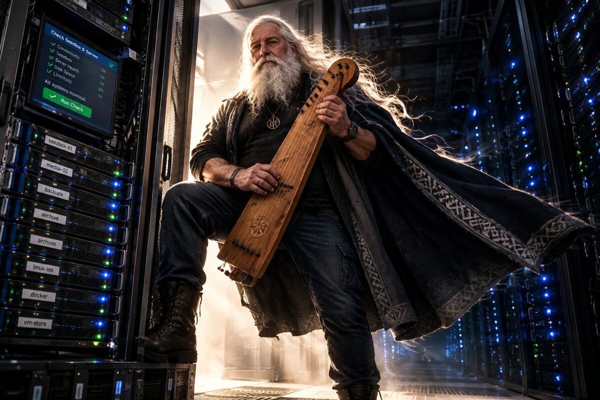 Illustration: Väinämöinen with his kantele beside a server rack, a health check on the screen