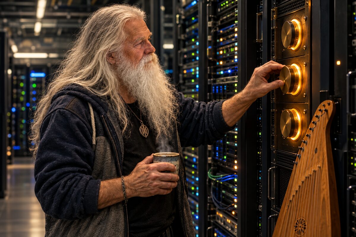 Illustration: Väinämöinen turning one of three brass dials on a server rack, his kantele leaning beside it
