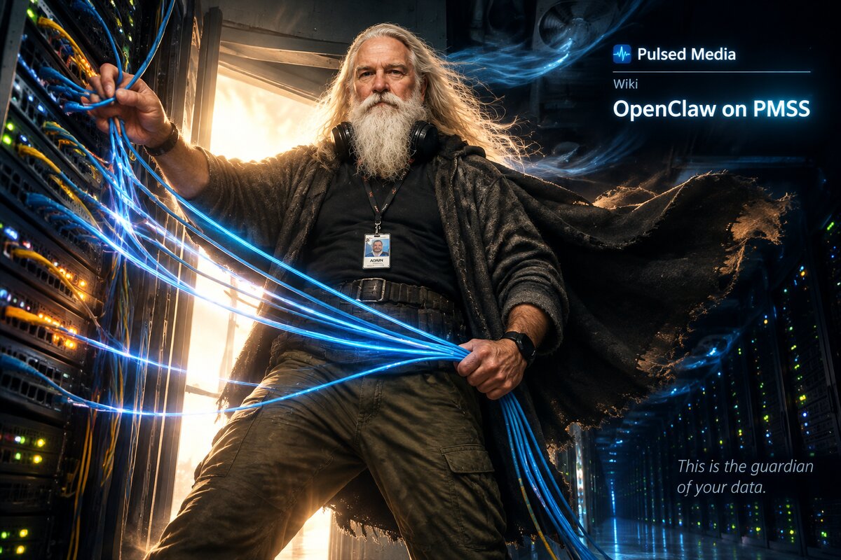 Illustration: Väinämöinen in a server aisle gathering glowing network cables, with the title OpenClaw on PMSS