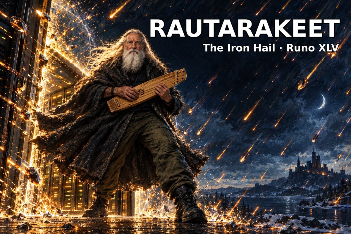 Illustration: Väinämöinen stands with his kantele in the doorway of a datacenter hall while iron hail falls from a northern night sky, under the title Rautarakeet, The Iron Hail