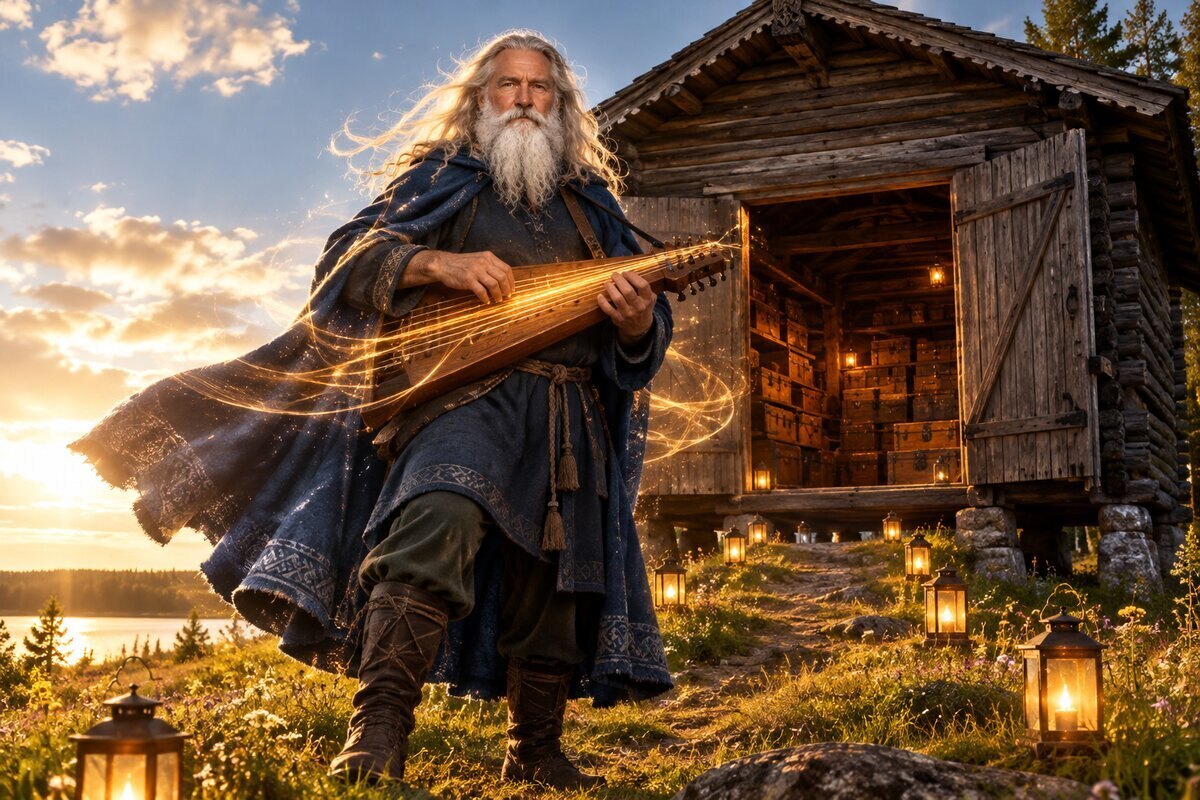 Illustration: Väinämöinen plays his kantele before an open storehouse stacked with chests, lanterns along the path at sunset