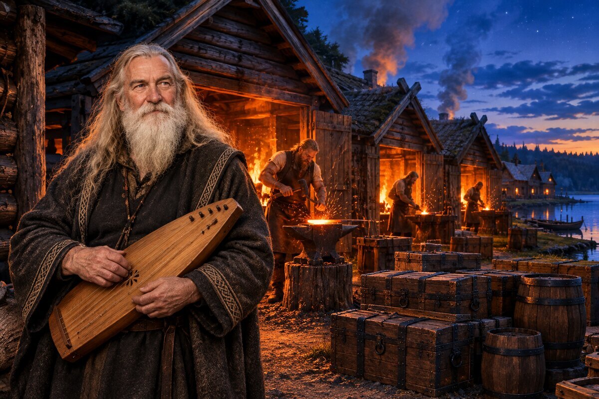 Illustration: Väinämöinen with his kantele at dusk before a row of lit forges, smiths at the anvils and chests stacked by the shore