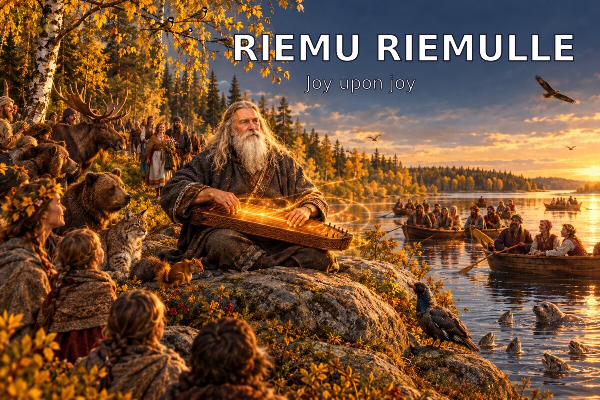 Illustration: Väinämöinen plays his kantele on a stone by the lake while people, forest animals and boats full of listeners gather around him in autumn light, under the title Riemu riemulle, Joy upon joy