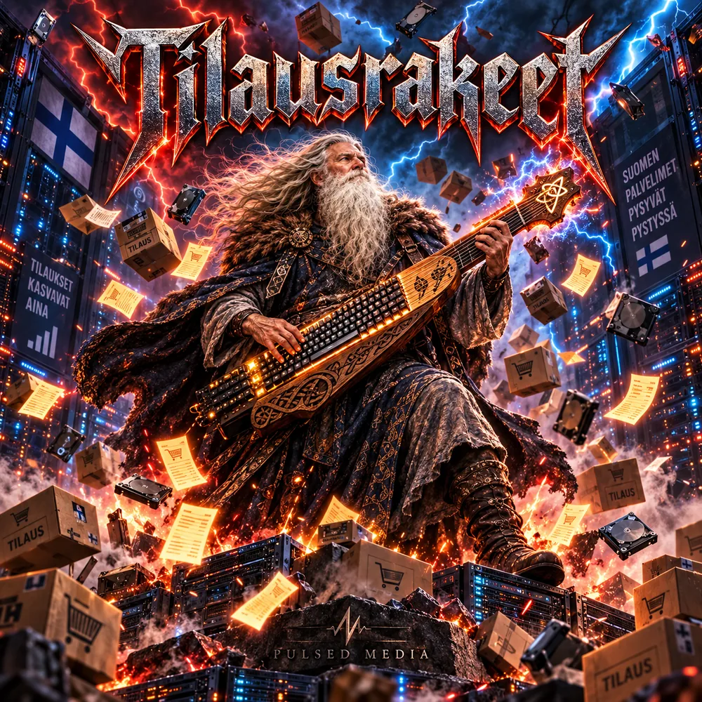 Tilausrakeet cover art, three covers in rotation: Väinämöinen plays a heavy-metal kantele while parcels, order slips and drives rain down around server racks