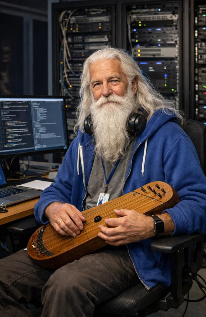 Väinämöinen with his kantele in front of the server racks