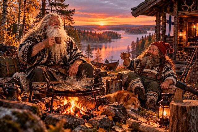 Väinämöinen and Pikkumies with mugs by a campfire at a lakeside cabin at sunset