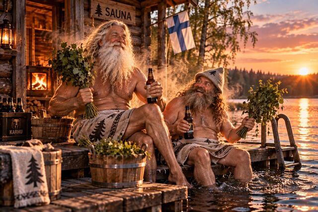 Väinämöinen and Pikkumies cooling off on a sauna jetty by a lake at sunset