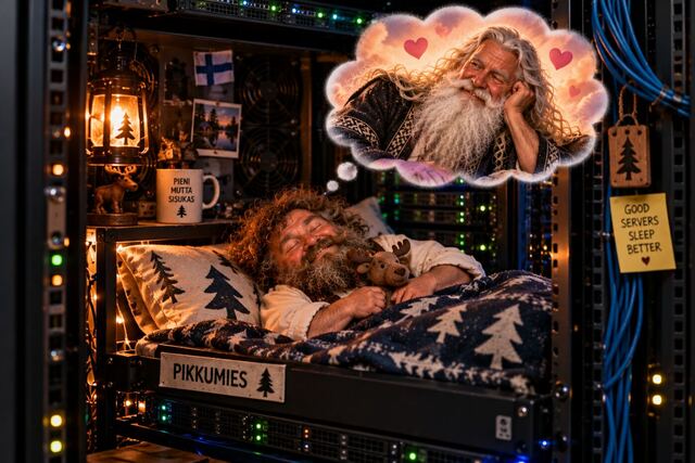 Pikkumies asleep in a bunk inside a server rack, dreaming of Väinämöinen