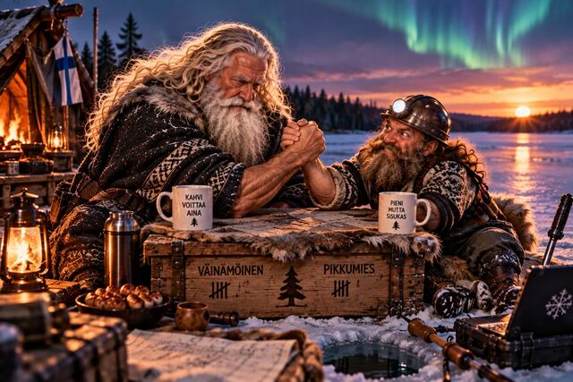 Väinämöinen and Pikkumies arm-wrestling on a crate under the northern lights