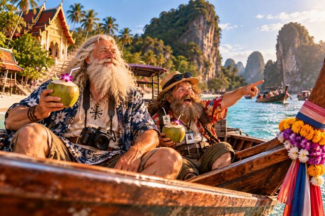 Väinämöinen and Pikkumies with coconuts on a longtail boat by tropical cliffs