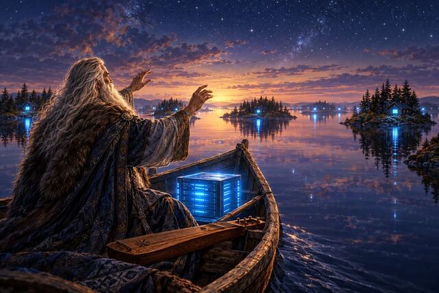 Väinämöinen in a boat on a night lake, reaching toward glowing islands