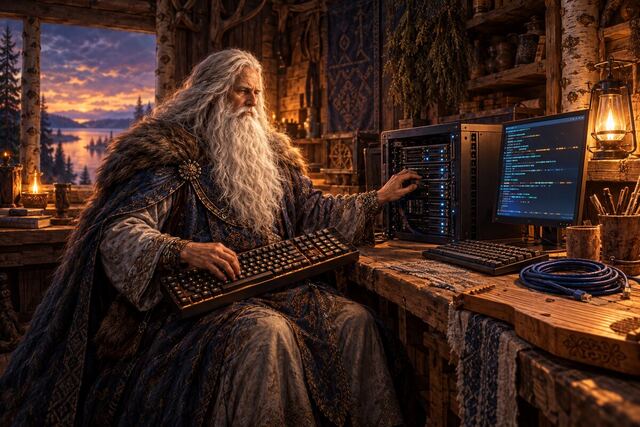 Väinämöinen at a computer in a log cabin, a keyboard on his lap
