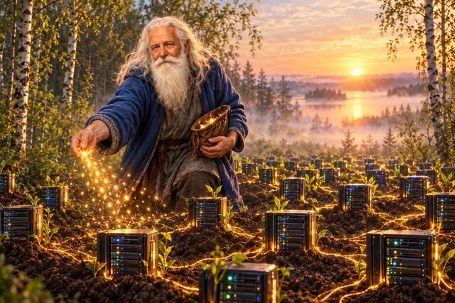 Väinämöinen sowing glowing seeds among small servers in a birch forest