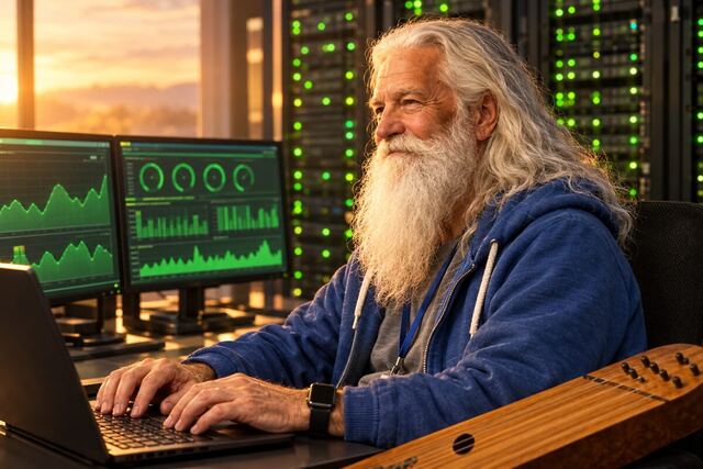 Väinämöinen in a blue hoodie at a laptop with monitoring graphs