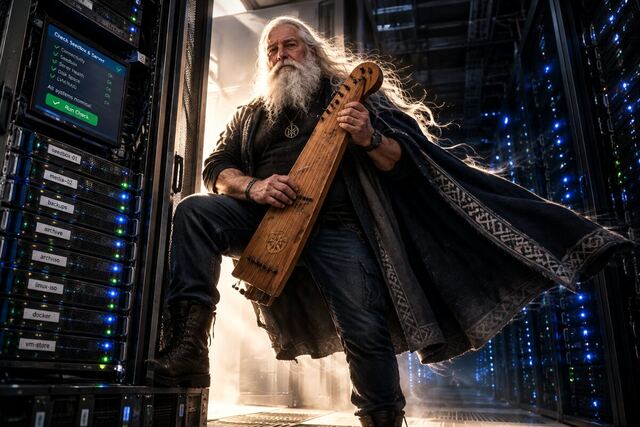 Väinämöinen with a kantele stepping out of a bright server room doorway