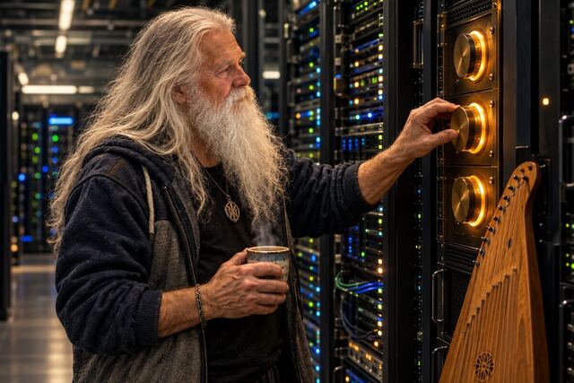Väinämöinen with a mug adjusting dials on a server rack