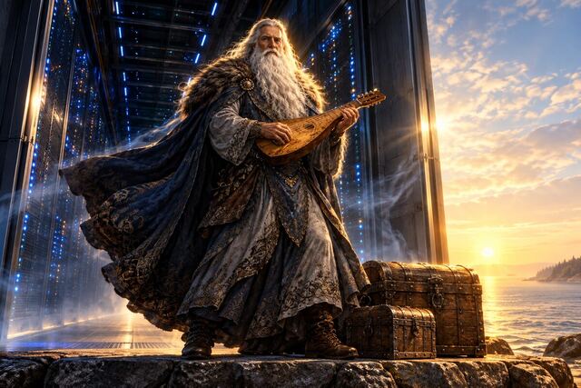 Väinämöinen with a kantele on a lakeshore rock beside a server rack at sunrise